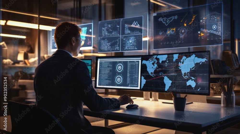 A professional in a modern office, working on a laptop with multiple screens showing data analytics, global network maps, and IoT device information, emphasizing communication technology A professional in a modern office, working on a laptop with multiple screens showing data analytics, global network maps, and IoT device information, emphasizing communication technology