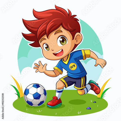 Cartoon little boy playing footbal