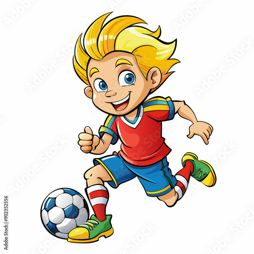Cartoon little boy playing footbal