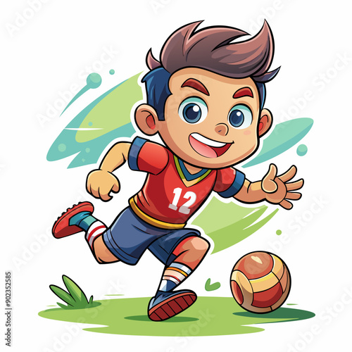 Cartoon little boy playing footbal