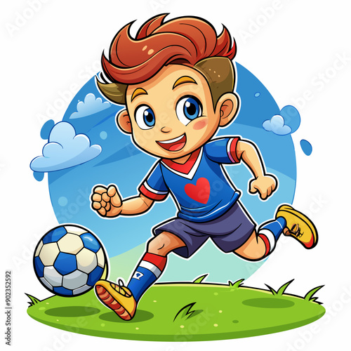 Cartoon little boy playing footbal