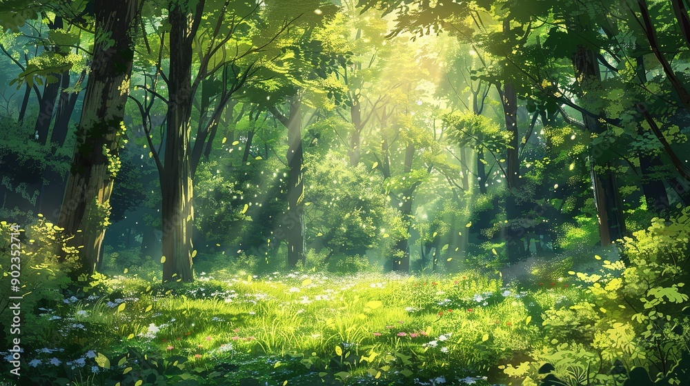 Obraz premium Sunlit Forest Clearing with Green Trees and Blooming Flowers