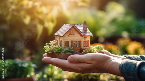 Close-up of a pair of hands cradling a miniature house, with a soft focus on the background of a well-maintained garden.