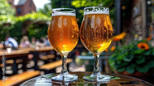 Two glasses of golden beer shine under the sun in a busy outdoor garden photo