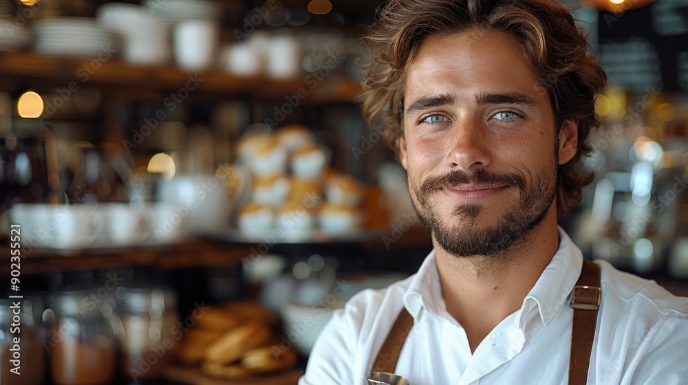 Obraz premium A cheerful barista prepares drinks in a cozy café surrounded by fresh pastries