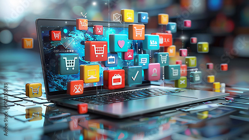 High resolution laptop with emerging 3D product icons, symbolizing digital marketing