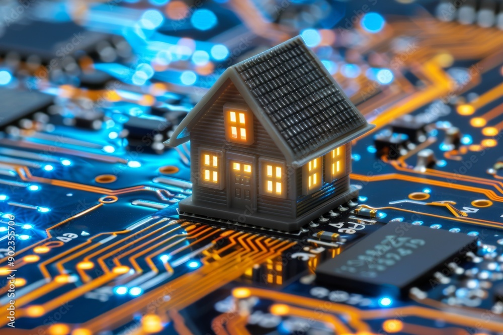 Tiny house on a circuit board symbolizing the fusion of home and technology in a vibrant high tech environment. Tiny house on a circuit board symbolizing the fusion of home and technology in a vibrant high tech environment.