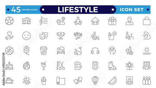 Lifestyle icon set. Containing healthy lifestyle, diet, exercise, sleep, relationships, running, routine, self-care, culture and hobbies icons. Editable stroke outline icon.