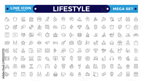 Lifestyle icon set. Containing healthy lifestyle, diet, exercise, sleep, relationships, running, routine, self-care, culture and hobbies icons. Editable stroke outline icon.