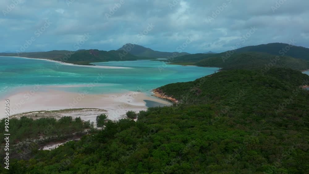 Hill Inlet Lookout parallax aerial drone view Whitsundays Island North end Whitehaven beach QLD Australia Port of Airlie National Park stunning clear turquoise ocean water sunny cloudy motion right Hill Inlet Lookout parallax aerial drone view Whitsundays Island North end Whitehaven beach QLD Australia Port of Airlie National Park stunning clear turquoise ocean water sunny cloudy motion right