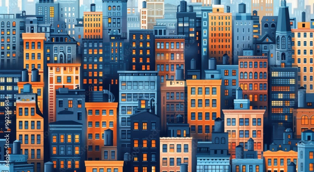 Obraz premium A flat illustration of the cityscape made up entirely of buildings with windows, featuring shades of orange and blue.