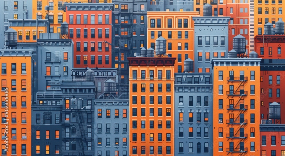 Obraz premium A flat illustration of the cityscape made up entirely of buildings with windows, featuring shades of orange and blue.