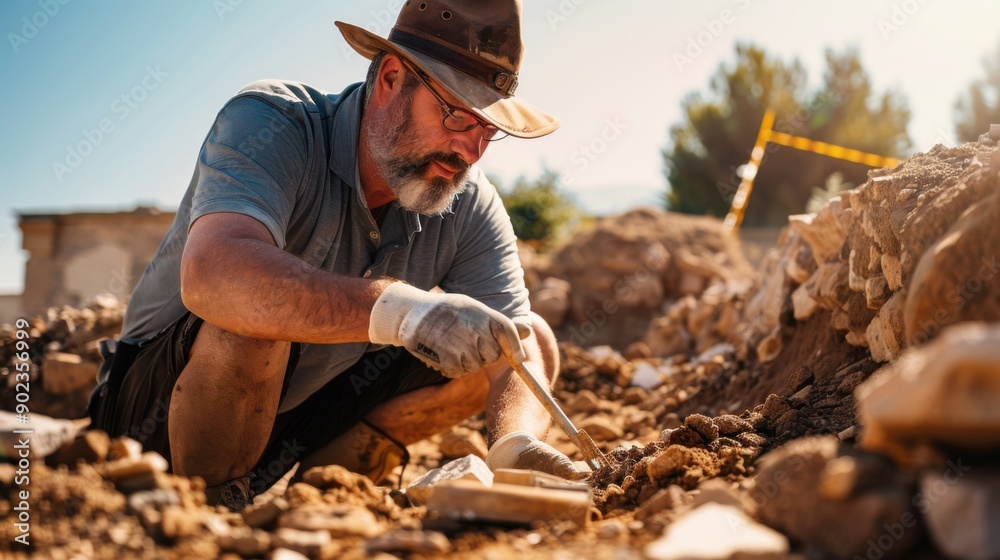 Archaeologist in hat and gloves meticulously excavating ancient artifacts at a sunny dig site. Archaeologist in hat and gloves meticulously excavating ancient artifacts at a sunny dig site.