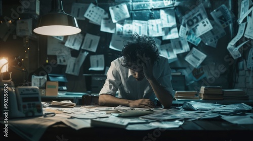Stressed worker in a cluttered office, surrounded by papers and documents, depicting intense pressure and deadline anxiety.