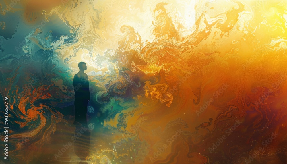 Silhouette of a man standing before swirling abstract background. Silhouette of a man standing before swirling abstract background.