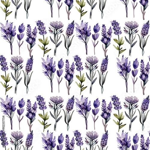 Seamless pattern with lavender flowers. Watercolor illustration.