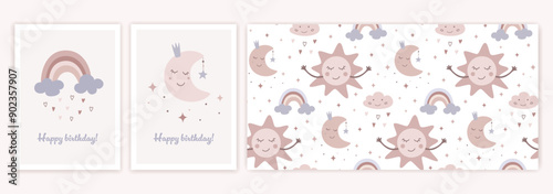 Childrens birthday party elements set. Cute greeting card and seamless pattern in flat trendy style. Vector illustration of rainbow, moon and sun in cartoon design. 