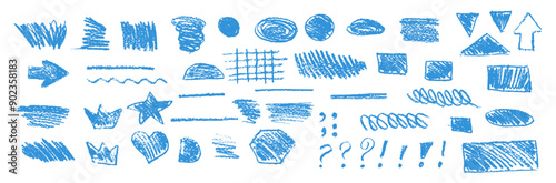 Blue underline pencil hand drawn various ellipses, punctuation marks, direction pointers, arrows, stars, question mark and exclamation point. Vector grunge strike through and underline elements.