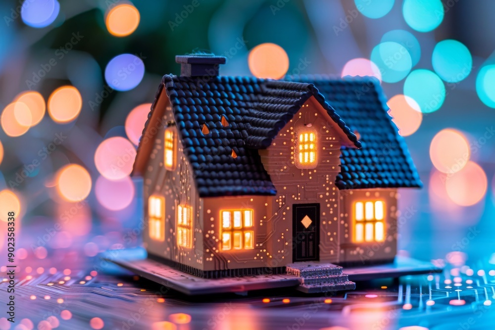 Miniature house with festive lights highlighting the integration of home and digital elements in a vibrant high tech setting. Miniature house with festive lights highlighting the integration of home and digital elements in a vibrant high tech setting.