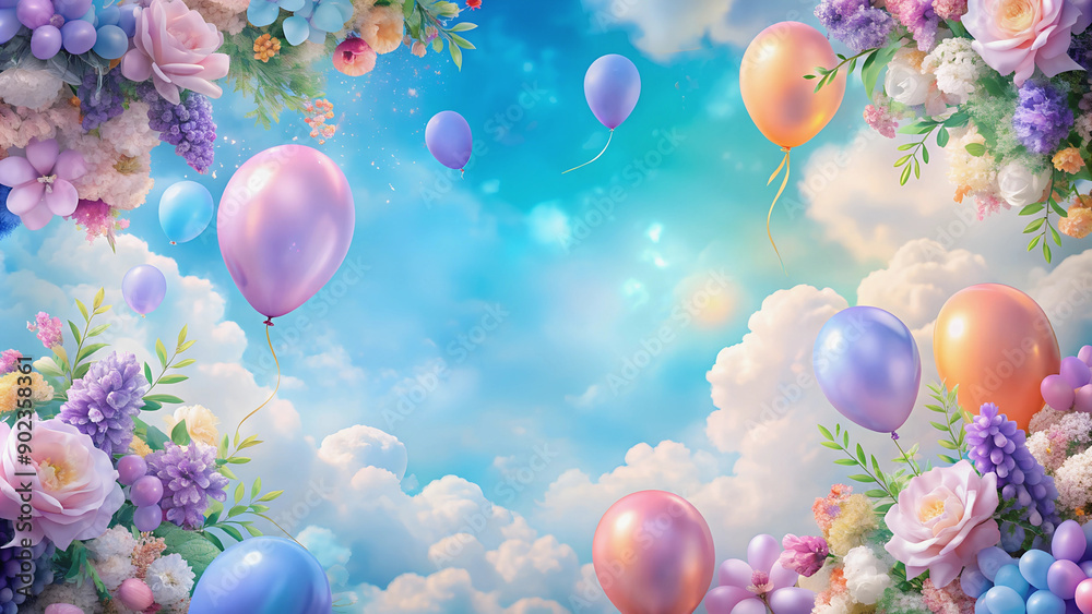 Delicate light blue background with clouds and flowers on the edges ...