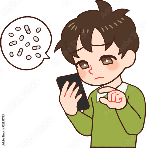 スマホを持ち画面を見て薬を調べる子供のイラスト