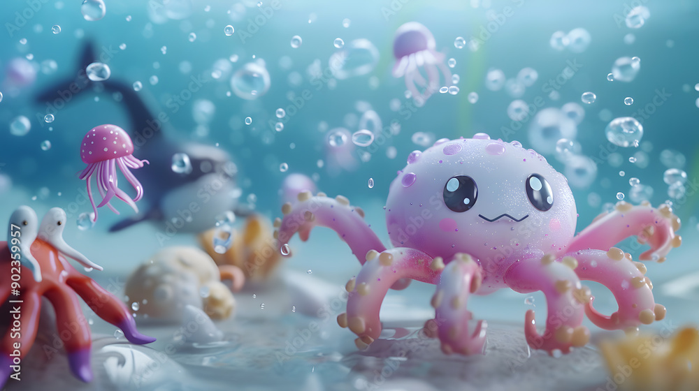 Fantasy scene of a whimsical underwater world with a diverse group of friendly monsters including a fish, octopus, squid, whale, and shark. They are playfully interacting with each other amidst a sea Fantasy scene of a whimsical underwater world with a diverse group of friendly monsters including a fish, octopus, squid, whale, and shark. They are playfully interacting with each other amidst a sea