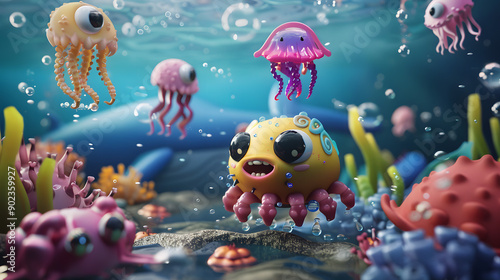 Fantasy scene of a whimsical underwater world with a diverse group of friendly monsters including a fish, octopus, squid, whale, and shark. They are playfully interacting with each other amidst a sea 