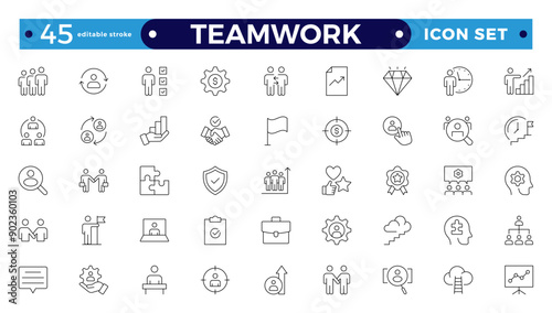 Outline icons related to management, administration, supervision, leadership, business, and governance. Linear icon collection. Teamwork icon collection. Editable stroke outline icon.
