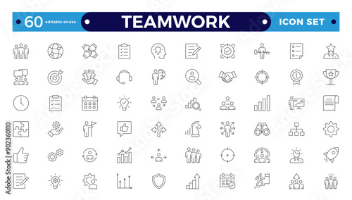 Outline icons related to management, administration, supervision, leadership, business, and governance. Linear icon collection. Teamwork icon collection. Editable stroke outline icon.
