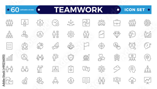 Outline icons related to management, administration, supervision, leadership, business, and governance. Linear icon collection. Teamwork icon collection. Editable stroke outline icon.
