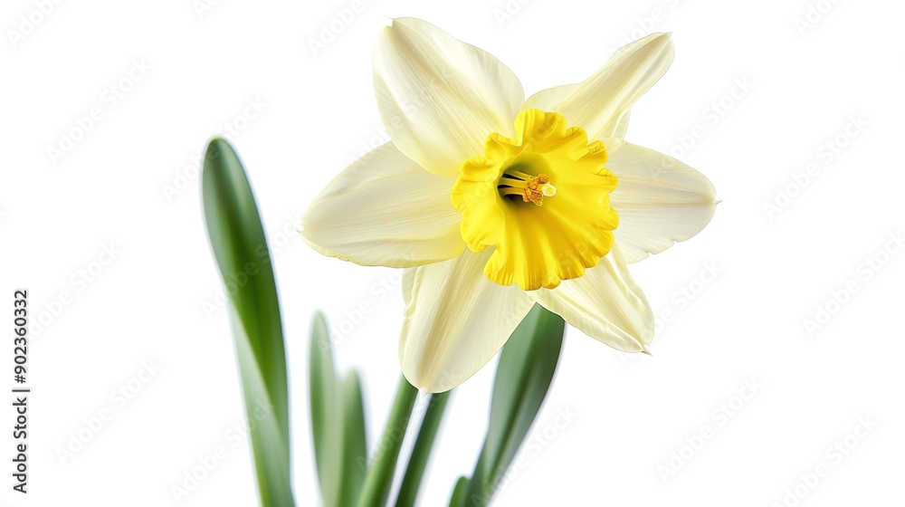 A single, delicate daffodil with pale yellow petals and a bright yellow center, isolated on a white background. A single, delicate daffodil with pale yellow petals and a bright yellow center, isolated on a white background.