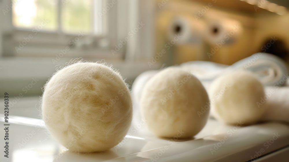 Organic wool dryer balls, replacing disposable sheets in laundry room, more clarity with clear light and sharp focus , high detailed , Organic wool dryer balls, replacing disposable sheets in laundry room, more clarity with clear light and sharp focus , high detailed ,