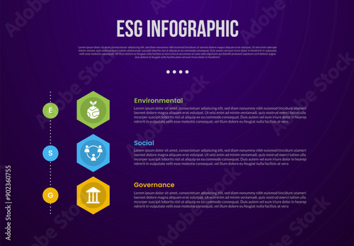 ESG infographic template with creative hexagon shape vertical stack with dark background style with 3 point for slide presentation
