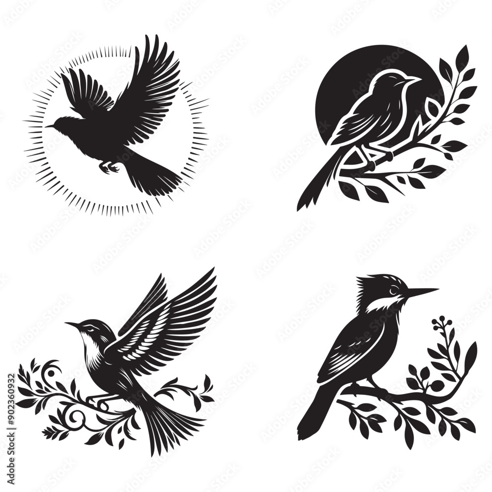 Fototapeta premium Elegant Bird Silhouette Designs - Intricate Nature Illustrations.