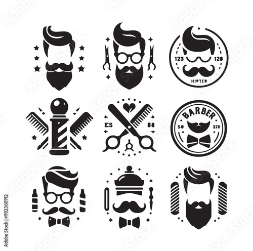 Hipster barber shop vector illustration, vintage logo, badge. Beard, scissors, razor. Curly Beard mustache 