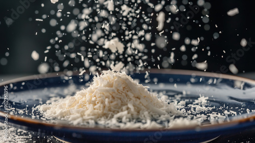 Creative Food Advertisement Featuring Shredded Coconut Flakes Dropping on Dark Blue Ceramic Plate Background