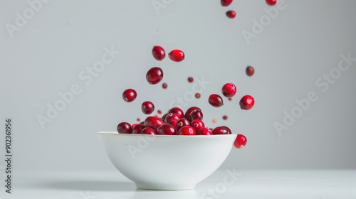 Creative Concept Image Featuring Fresh Cranberries Bouncing Against White Porcelain Bowl for Food Ads photo