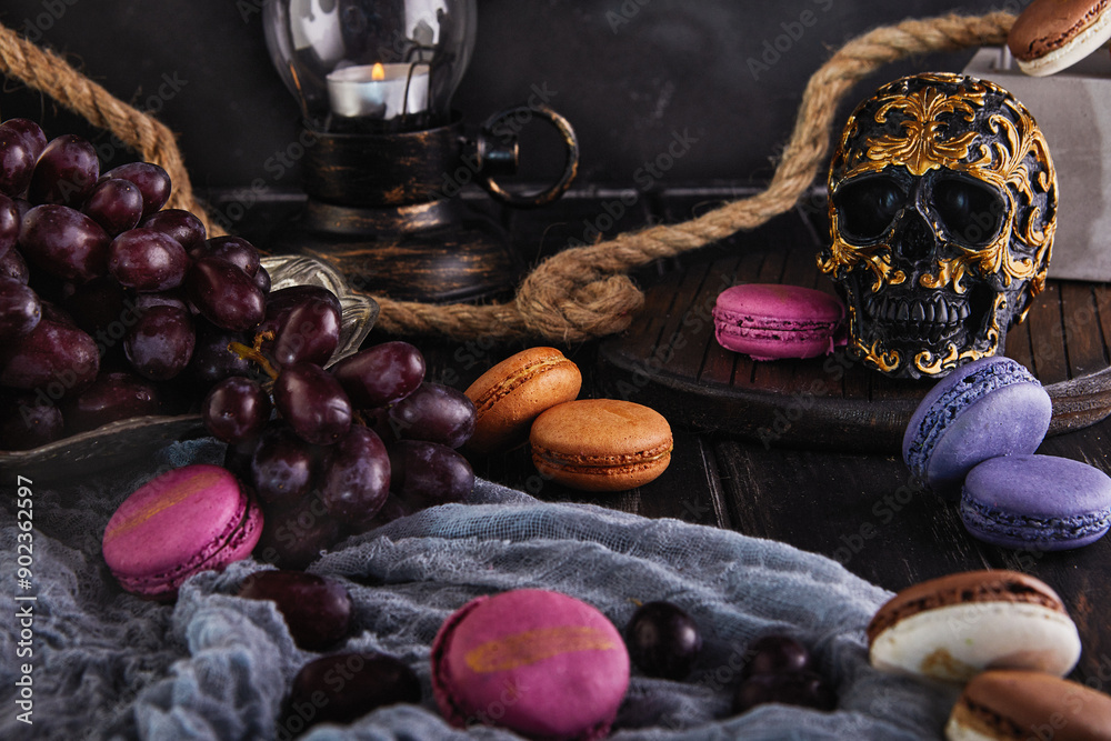 Wine, Grapes, Macarons, and Ornate Skull Wine, Grapes, Macarons, and Ornate Skull