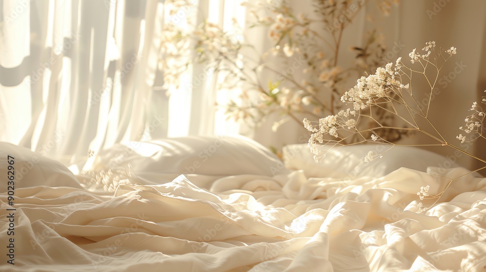Obraz premium Organic cotton bed sheets, unmade bed with natural sunlight, more clarity with clear light and sharp focus , high detailed ,