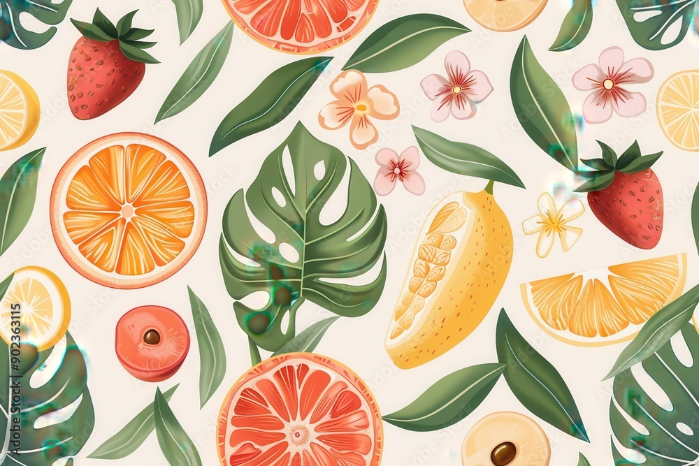 Tropical Fruit Illustration with Leaves and Flowers Tropical Fruit Illustration with Leaves and Flowers