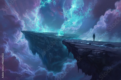 Man standing on a floating rock in a surreal landscape with lightning in the background photo