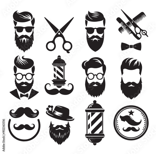 Hipster barber shop vector illustration, vintage logo, badge. Beard, scissors, razor. Curly Beard mustache 