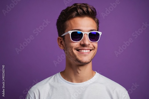 Portrait of smiling young man, boy in casual white t-shirt and sunglasses looking away against purple background in neon light. Relaxed look.