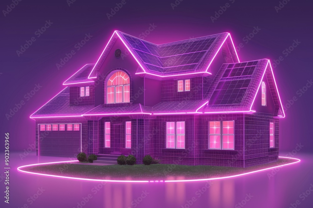 Neon lit house in a futuristic setting symbolizing advanced technology and innovative architecture in a vibrant high tech environment. Neon lit house in a futuristic setting symbolizing advanced technology and innovative architecture in a vibrant high tech environment.