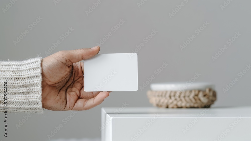 Obraz premium Close-up of a man’s hand showing a plastic credit card and a blank business card against a white studio background.