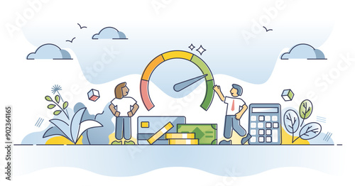 Credit report and financial reliability score for money loan outline concept, transparent background.Rating with economical information and payment performance for banks illustration.