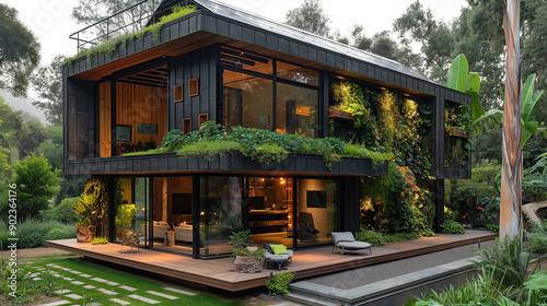 The exterior of the eco-friendly house uses recycled wood and the roof is covered with solar panels. The vertical garden grows beautifully. The atmosphere is peaceful and the air is fresh.