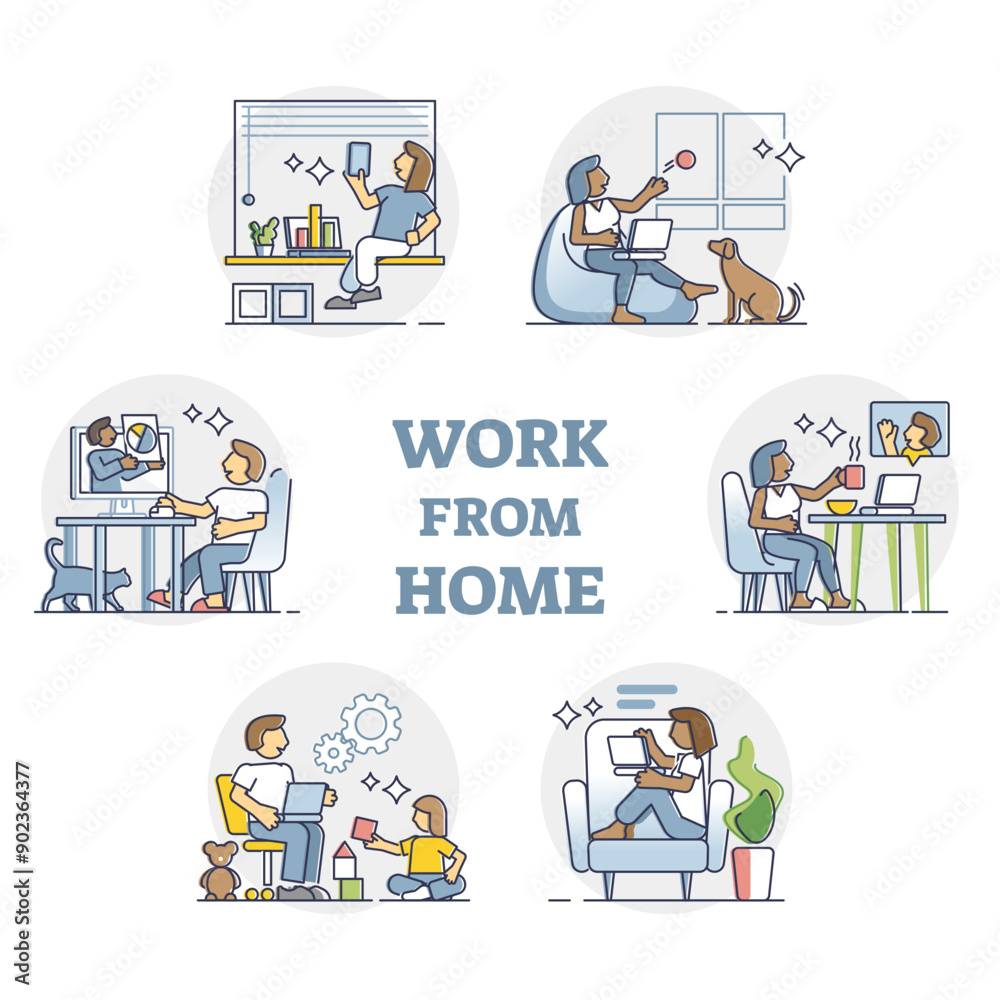 Work from home and remote distant job instead of office workplace outline set, transparent background. Employee quarantine routine with online conference. Work from home and remote distant job instead of office workplace outline set, transparent background. Employee quarantine routine with online conference.