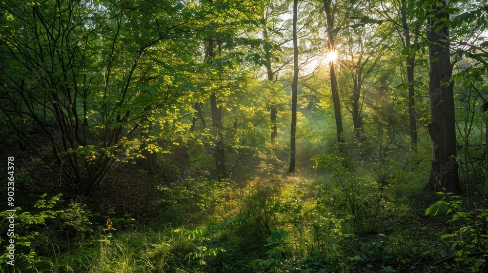 Fototapeta premium Sunlight Filtering Through a Lush Forest