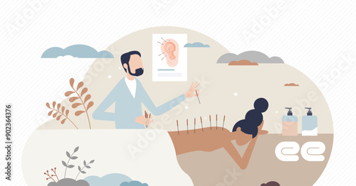 Acupuncture, ancient practice of traditional medicine, tiny person concept, transparent background. Practitioner therapist working on female patient. Human health, wellness.